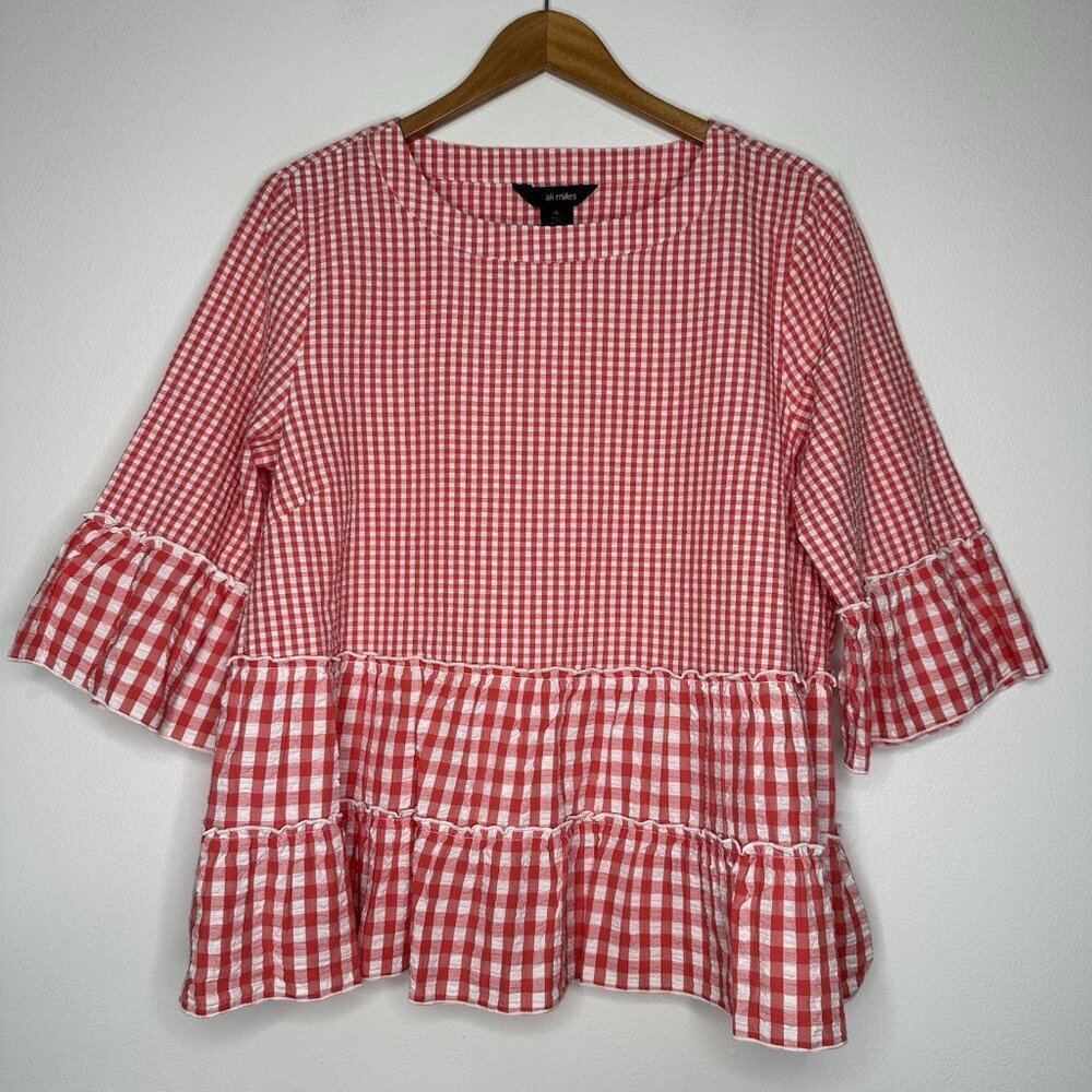 Ali Miles Gingham Ruffle Top Size L Petite Coral White‎